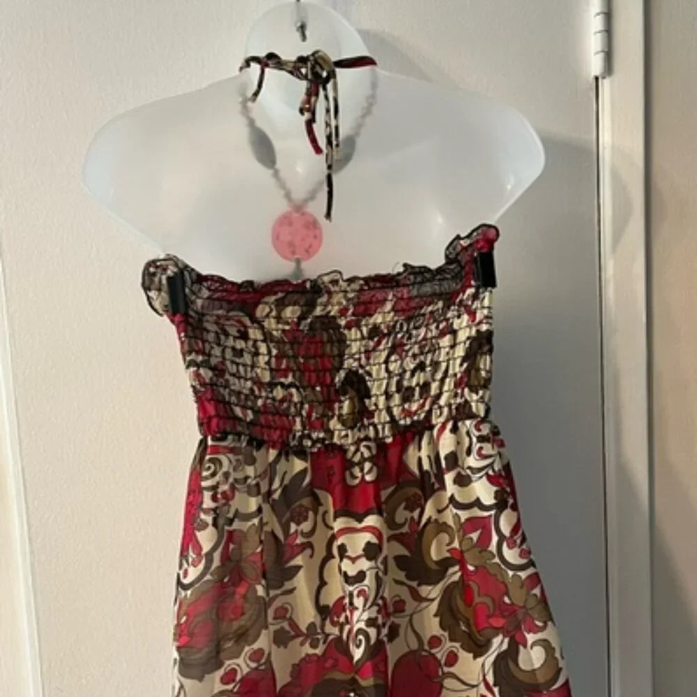 Strapless Smocked Red & Cream Patterned Women’s Jeweled Halter Top - Picture 5 of 8